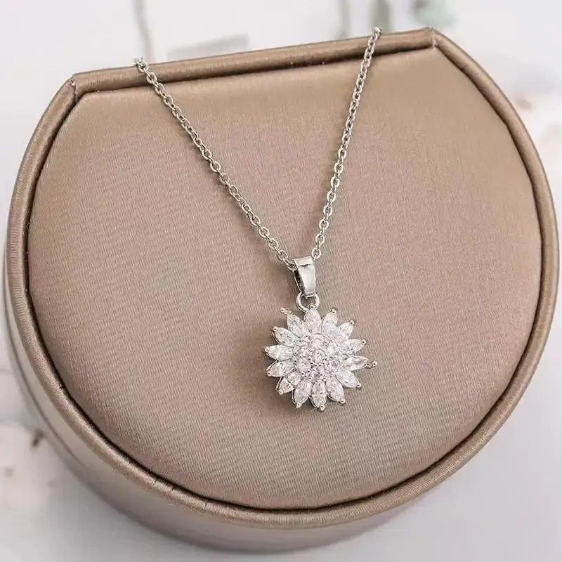 Double-layer Rotatable Sunflower Necklaces Women Chain Choker Stainless Steel