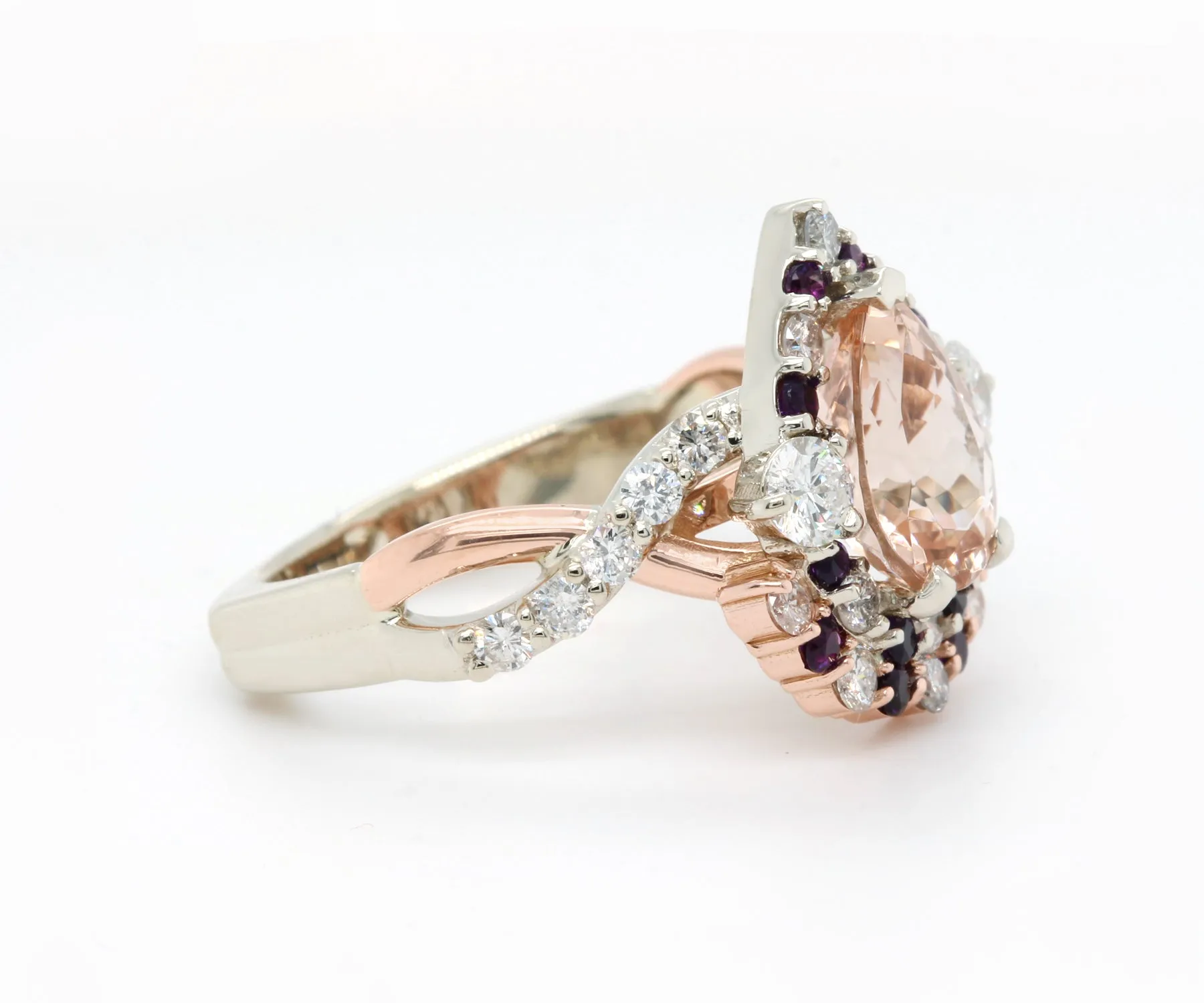 Double Pear Halo Morganite Amethyst Diamond Twist Ring