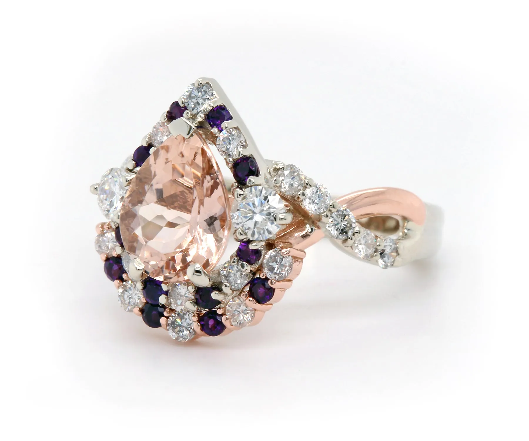 Double Pear Halo Morganite Amethyst Diamond Twist Ring