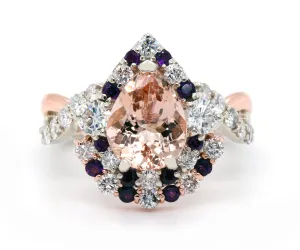 Double Pear Halo Morganite Amethyst Diamond Twist Ring