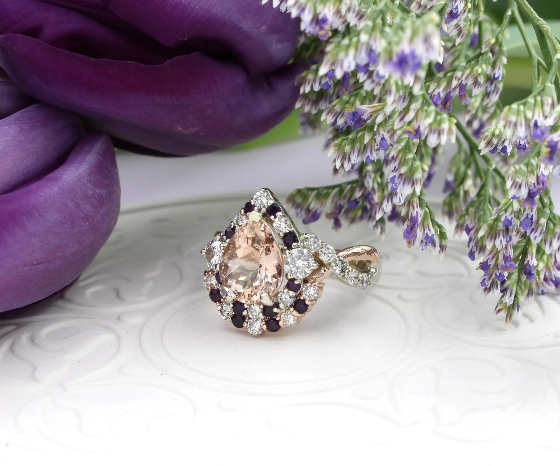 Double Pear Halo Morganite Amethyst Diamond Twist Ring