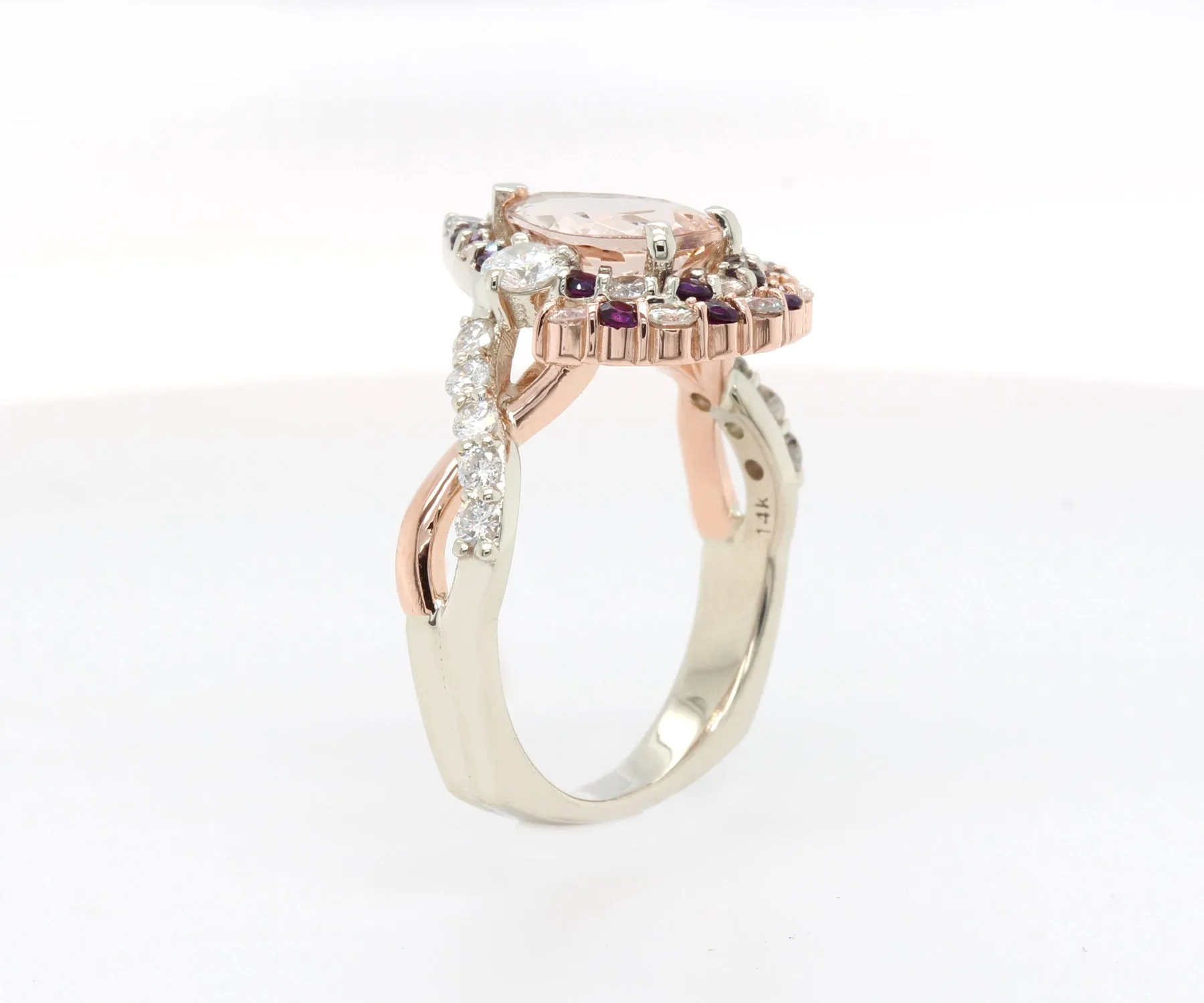 Double Pear Halo Morganite Amethyst Diamond Twist Ring