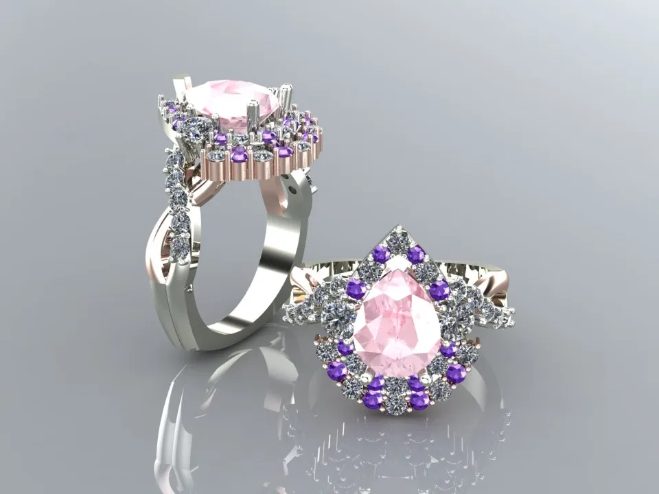 Double Pear Halo Morganite Amethyst Diamond Twist Ring