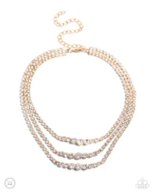 Dynamite Debut - Gold - White Rhinestone Tiered Paparazzi Choker Necklace