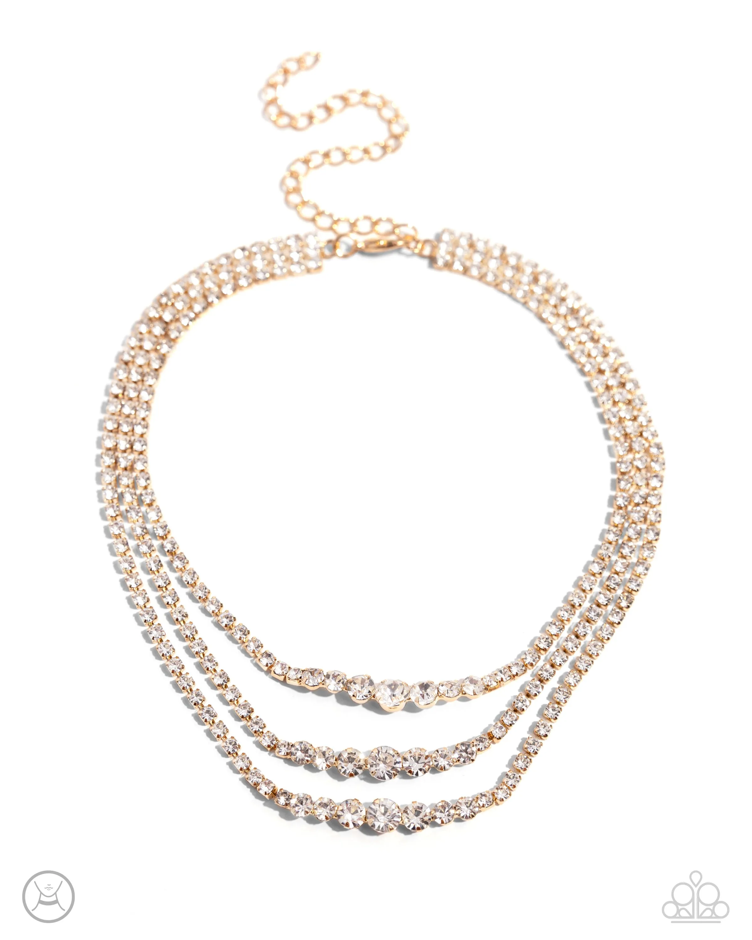 Dynamite Debut - Gold - White Rhinestone Tiered Paparazzi Choker Necklace