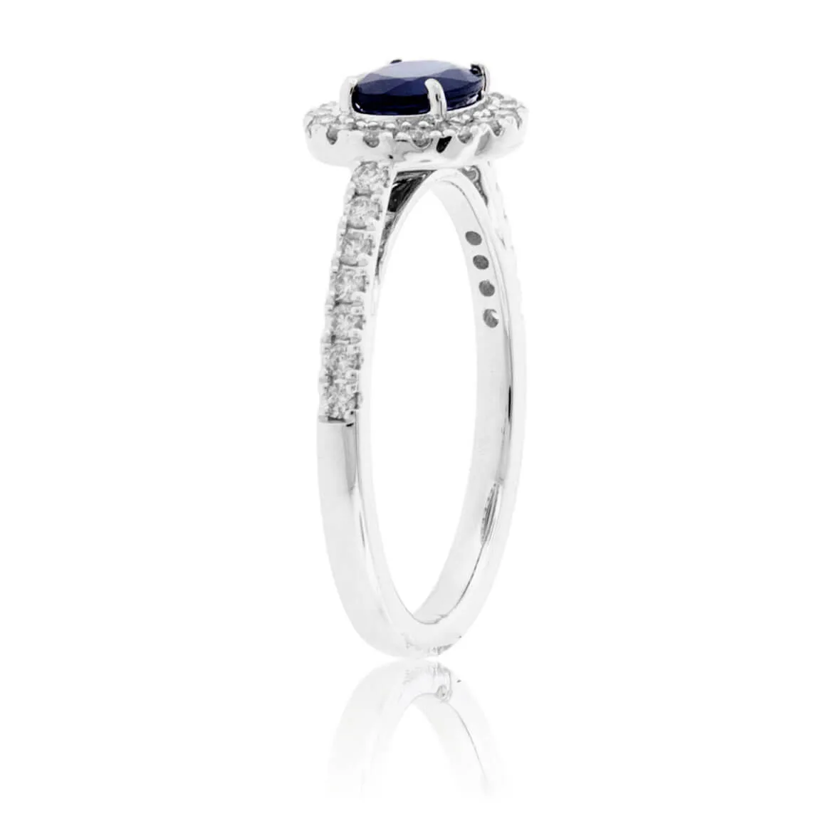 East / West Oval Blue Sapphire & Diamond Halo Ring