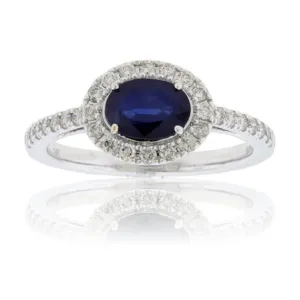 East / West Oval Blue Sapphire & Diamond Halo Ring