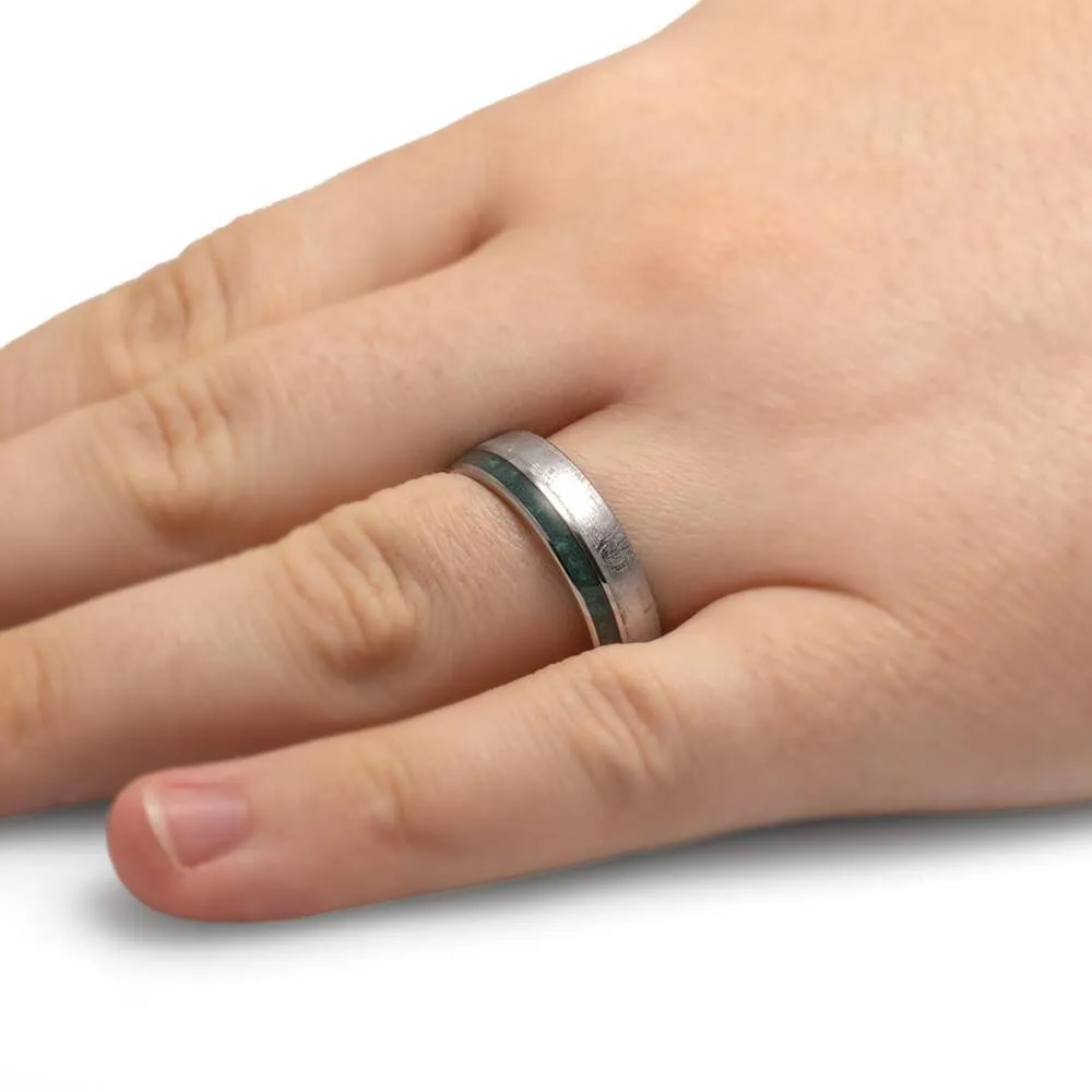 Emerald Wedding Band With Meteorite and Whiskey Oak