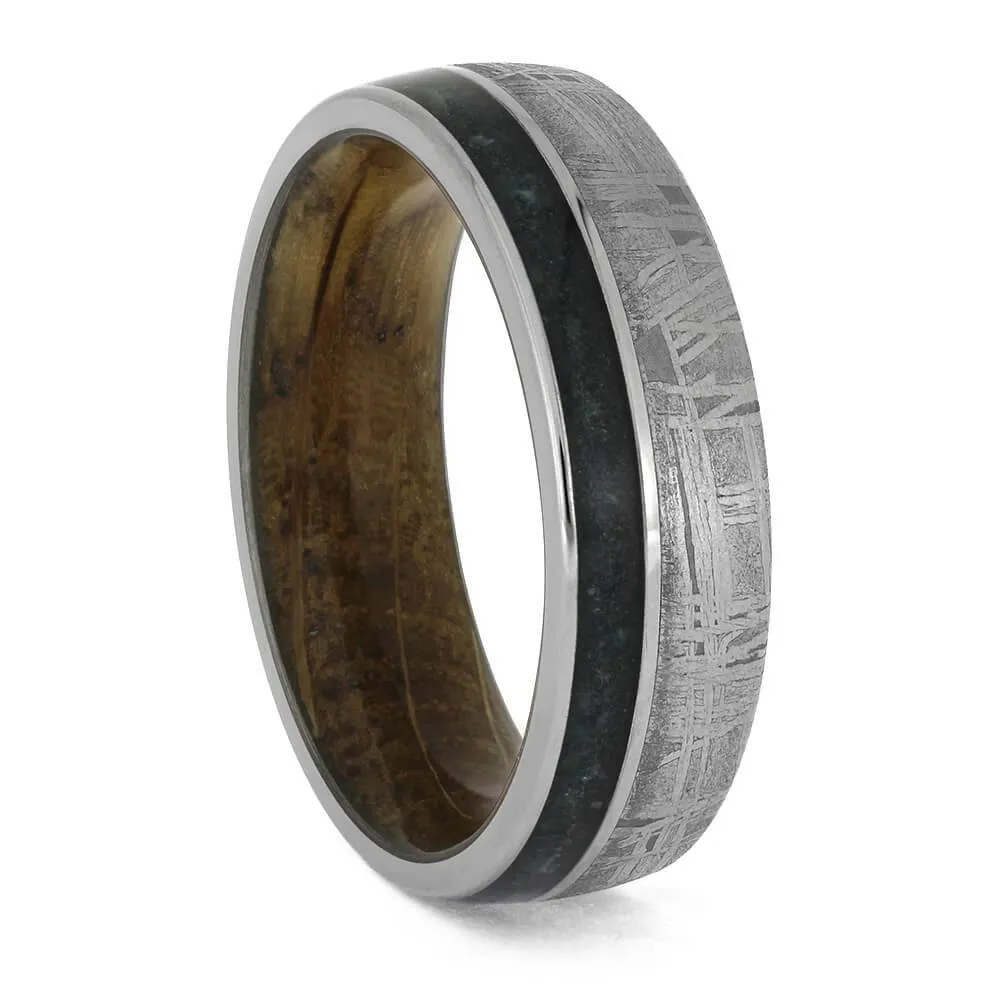 Emerald Wedding Band With Meteorite and Whiskey Oak
