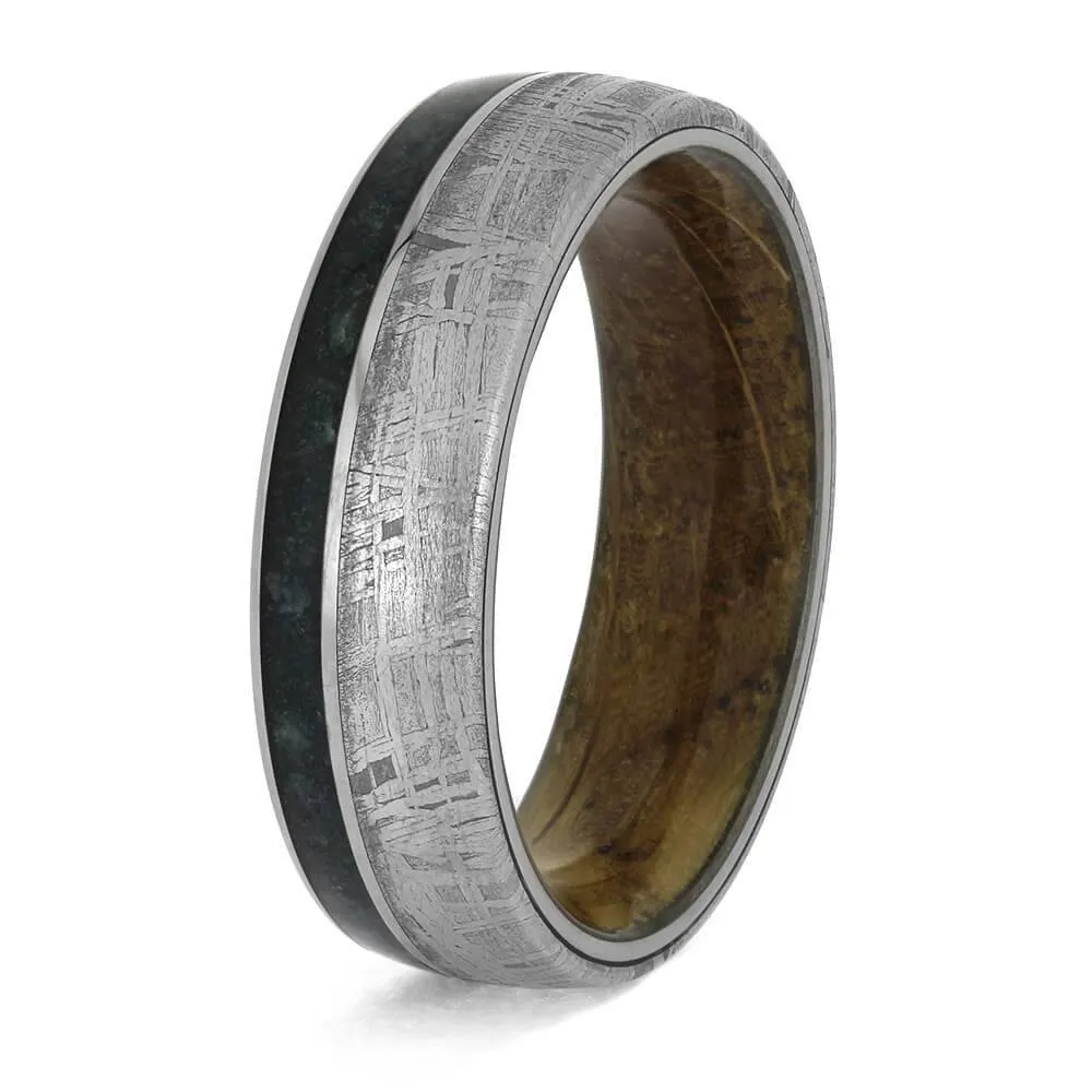 Emerald Wedding Band With Meteorite and Whiskey Oak