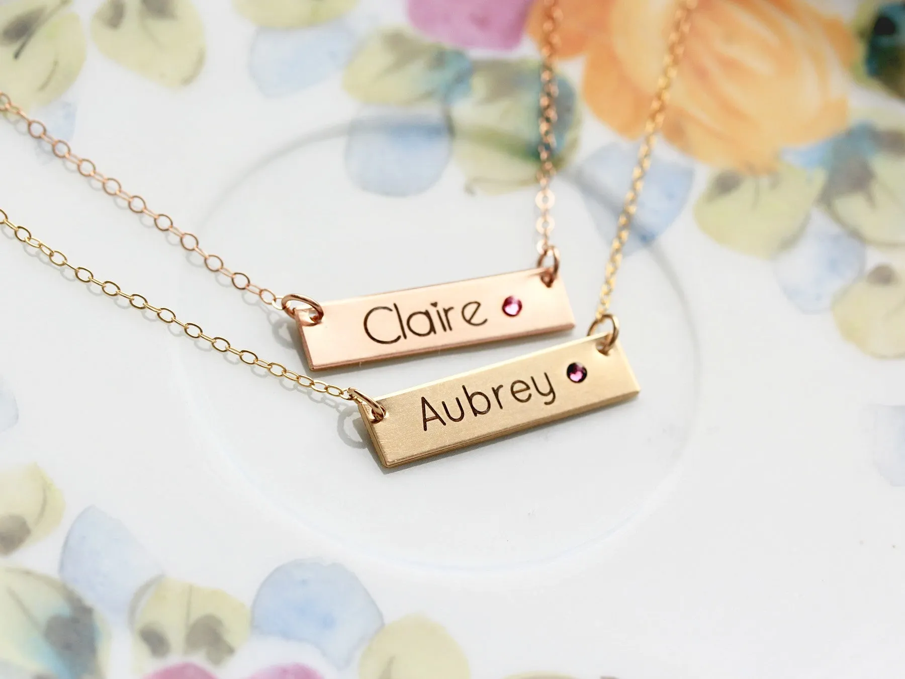 Engraved Birthstone Bar Necklace | Thick Bar