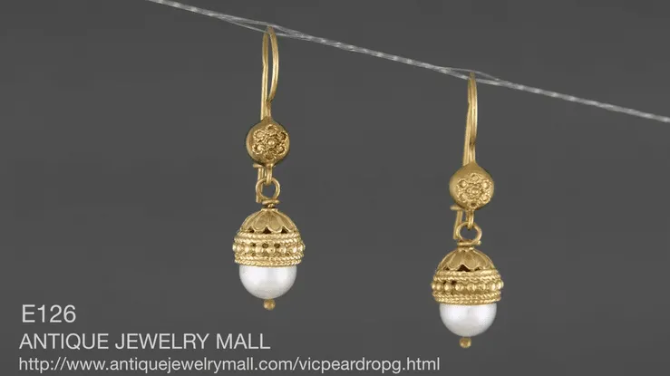 Etruscan Revival Victorian Pearl Drop Dangle Earrings in 15 Karat Gold