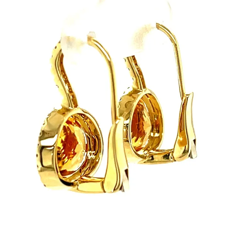 Faceted Citrine and Diamond Halo Yellow Gold Lever Back Drop Earrings