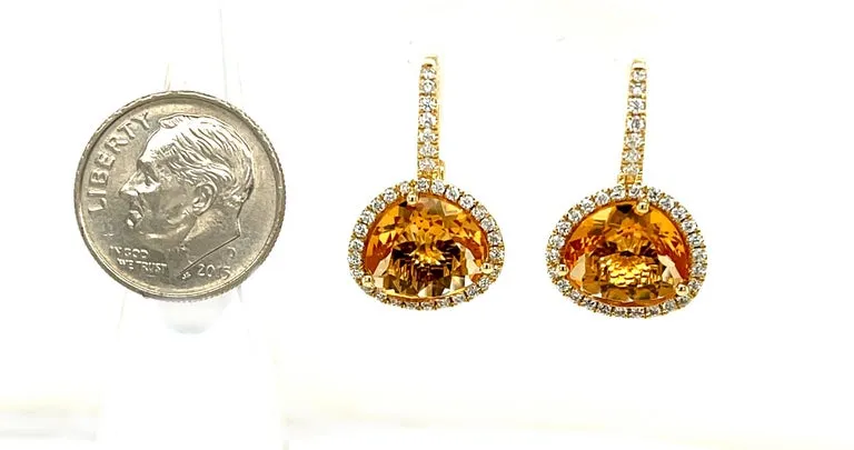 Faceted Citrine and Diamond Halo Yellow Gold Lever Back Drop Earrings