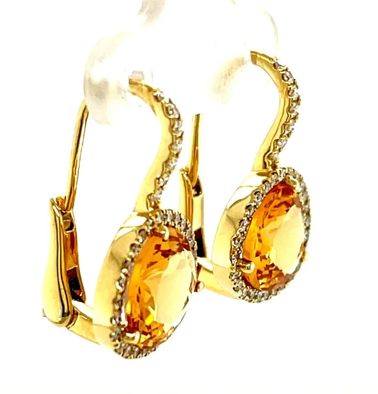 Faceted Citrine and Diamond Halo Yellow Gold Lever Back Drop Earrings