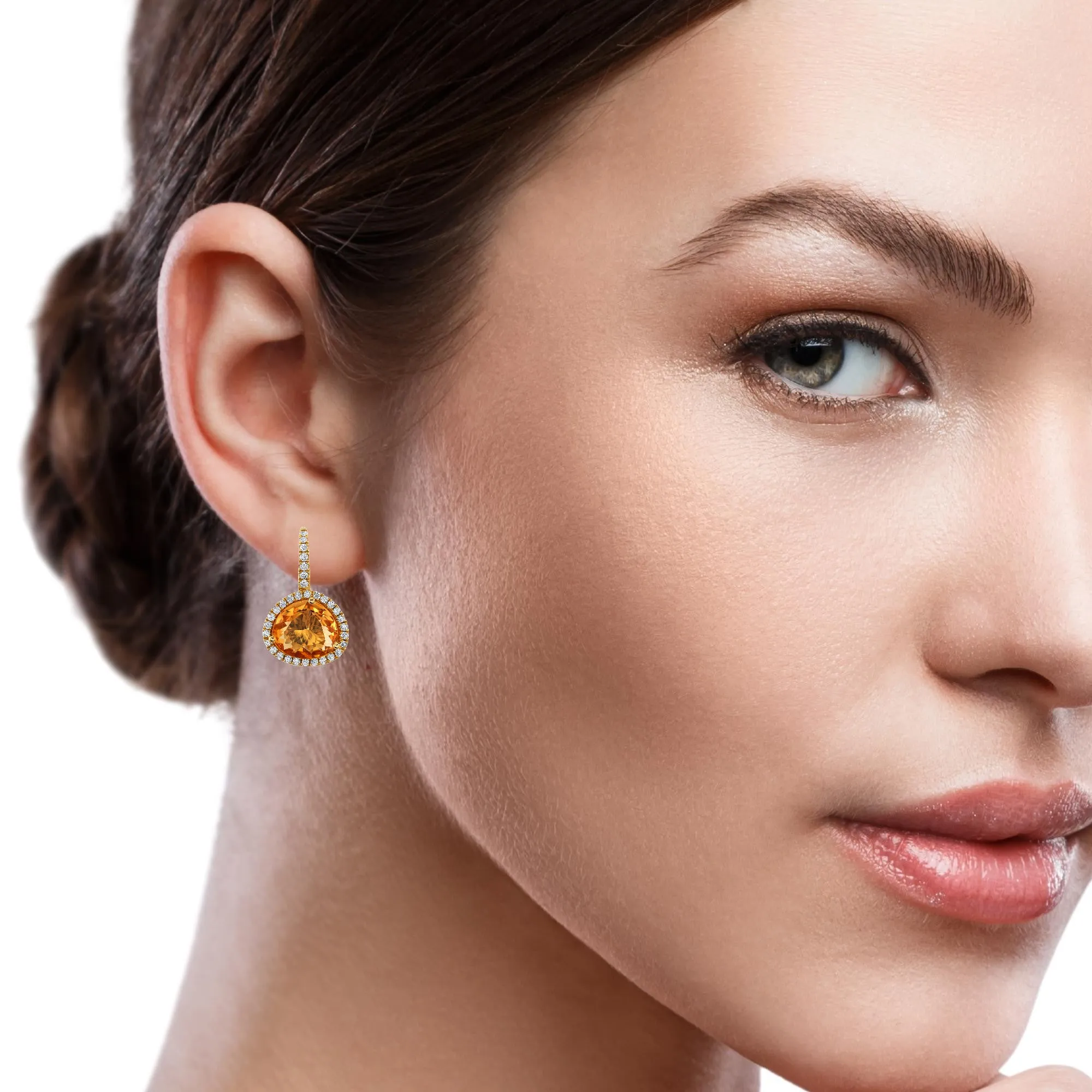 Faceted Citrine and Diamond Halo Yellow Gold Lever Back Drop Earrings