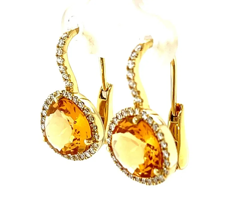 Faceted Citrine and Diamond Halo Yellow Gold Lever Back Drop Earrings