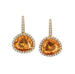 Faceted Citrine and Diamond Halo Yellow Gold Lever Back Drop Earrings