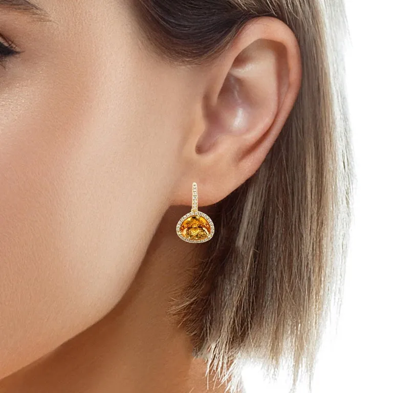 Faceted Citrine and Diamond Halo Yellow Gold Lever Back Drop Earrings