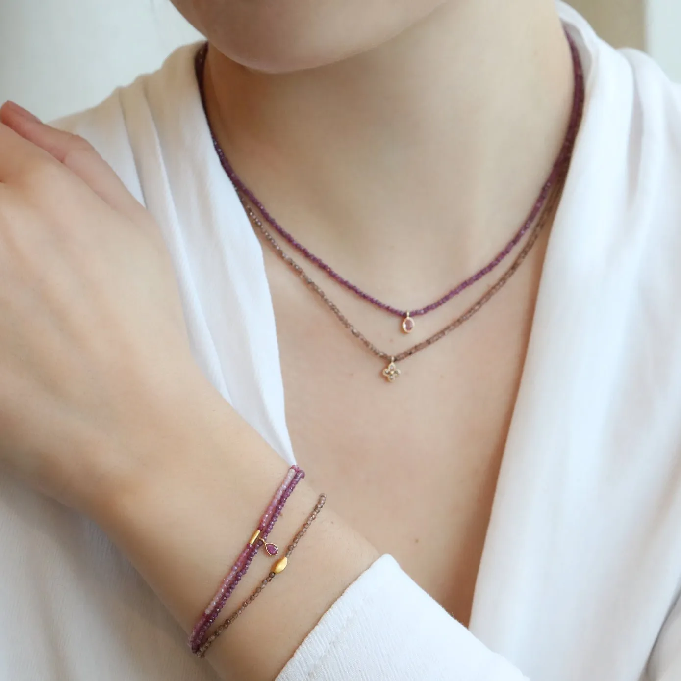 Faceted Ruby Beaded Bracelet with 18K Bezel-Set Teardrop Ruby Charm