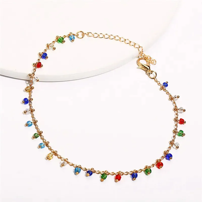 Fashion Colorful Crystal Beads Anklets for Women Boho Gold Color Chain Ankle Bracelet Leg Bracelet Ocean Beach Foot Jewelry