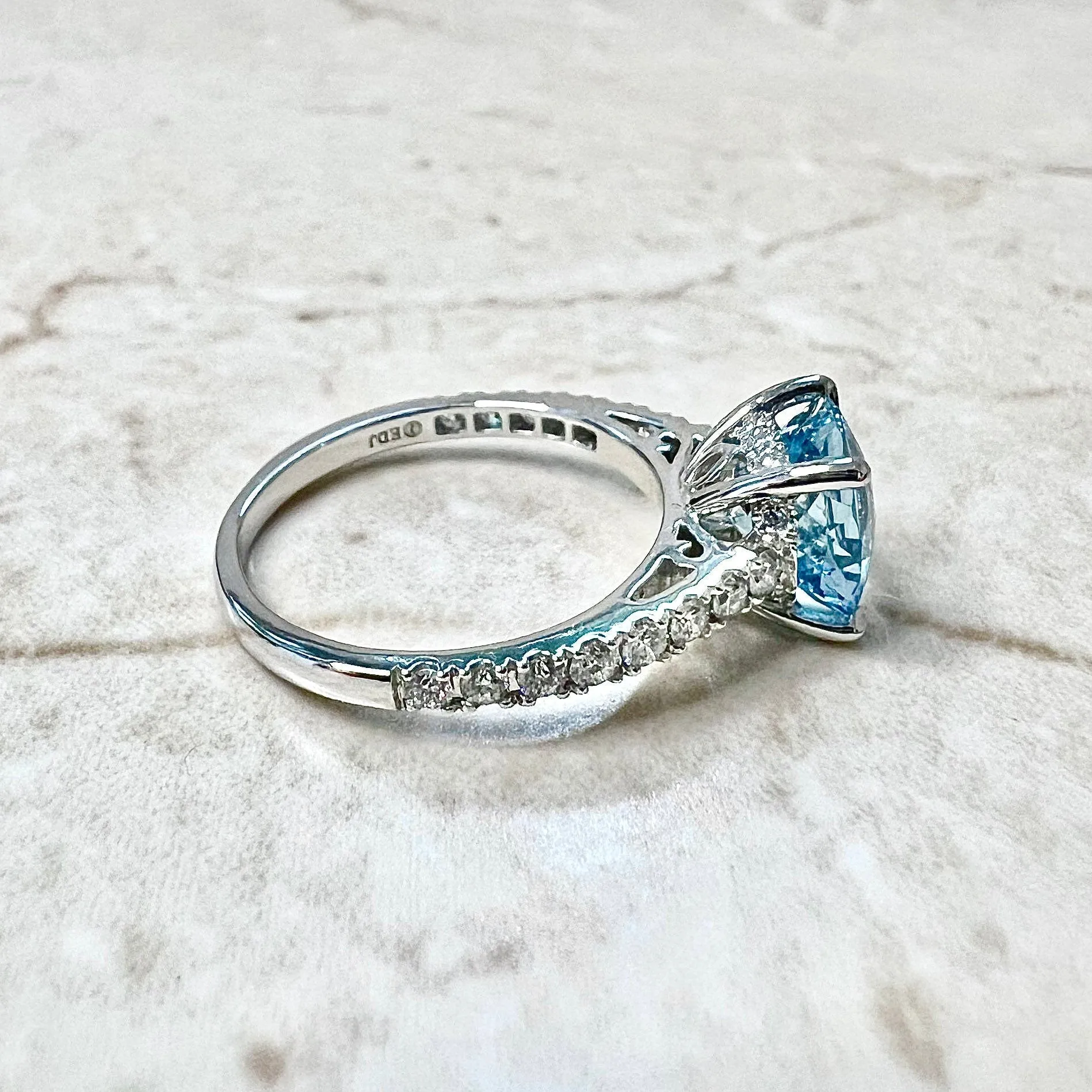 Fine Custom-Made Platinum Round Santa Maria Aquamarine & Diamond Engagement Ring
