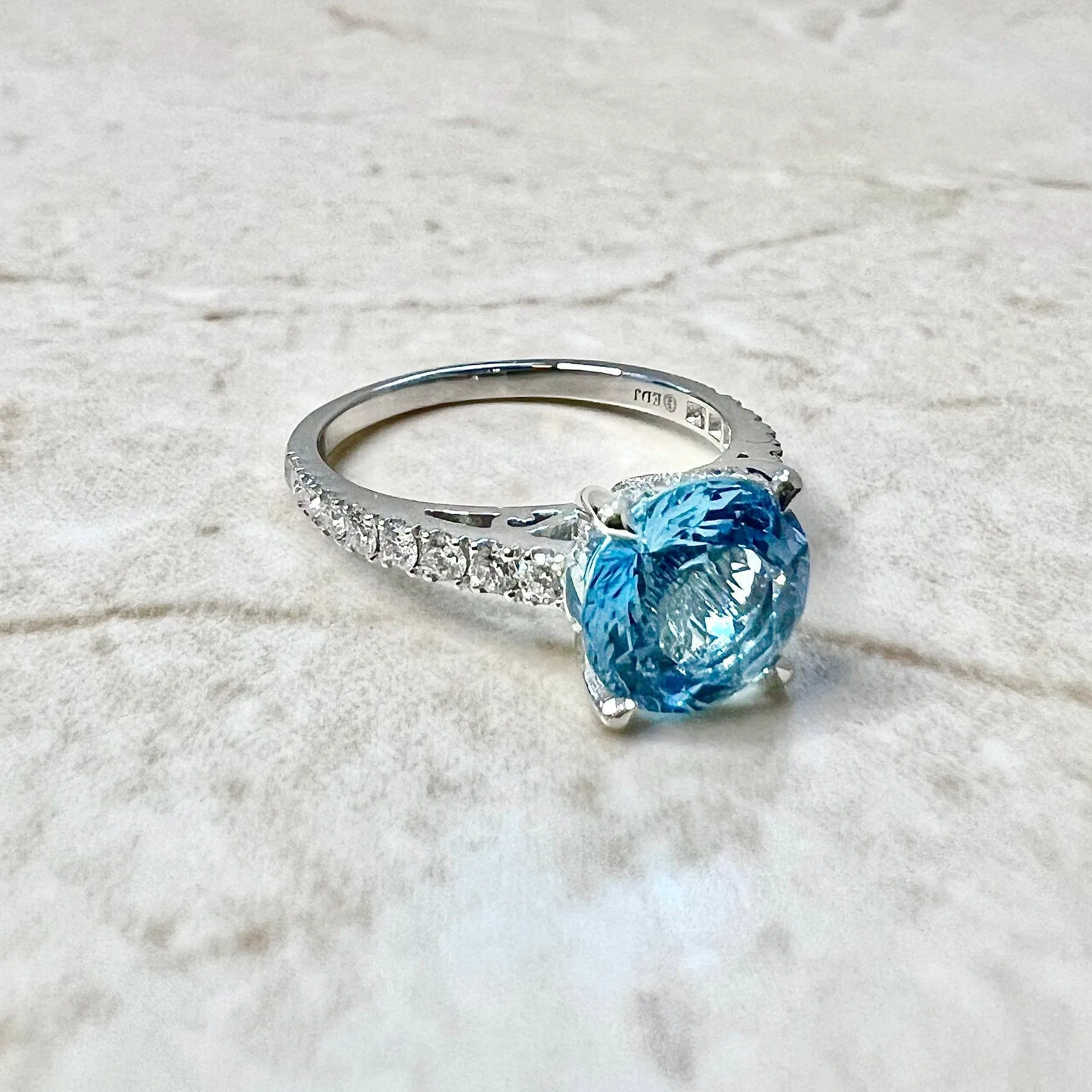 Fine Custom-Made Platinum Round Santa Maria Aquamarine & Diamond Engagement Ring