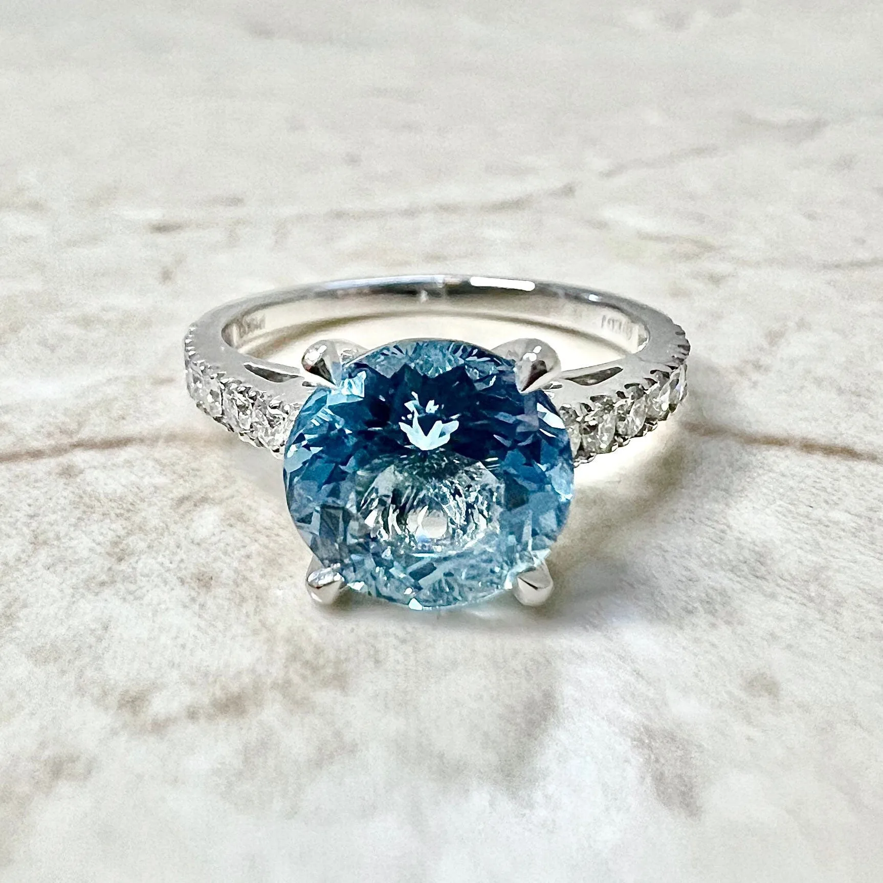 Fine Custom-Made Platinum Round Santa Maria Aquamarine & Diamond Engagement Ring