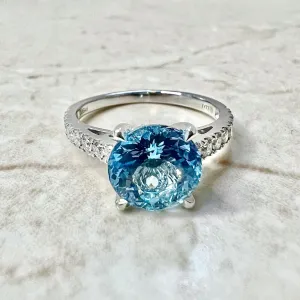 Fine Custom-Made Platinum Round Santa Maria Aquamarine & Diamond Engagement Ring
