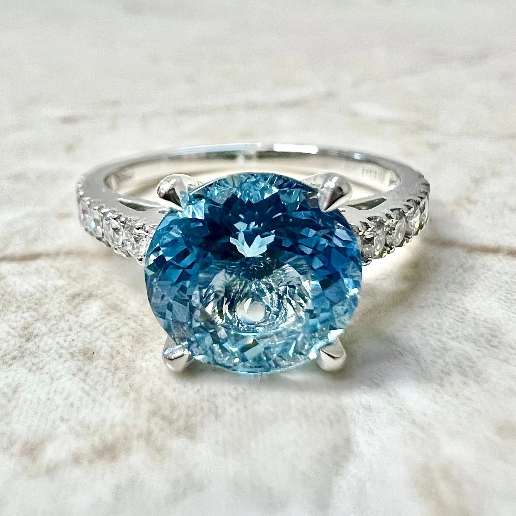 Fine Custom-Made Platinum Round Santa Maria Aquamarine & Diamond Engagement Ring