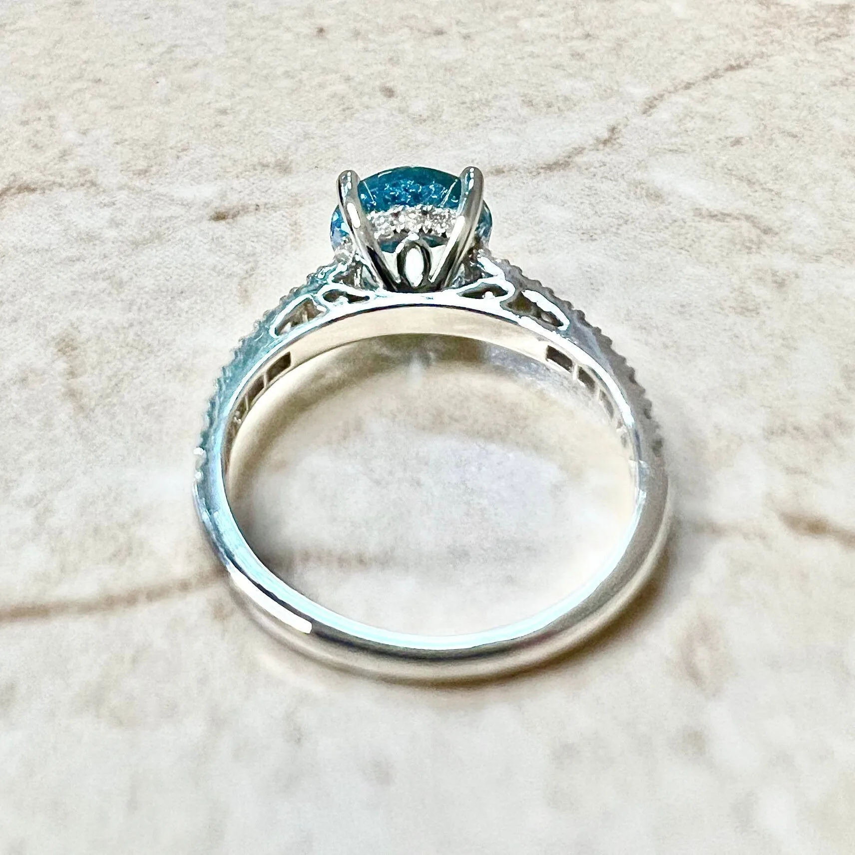 Fine Custom-Made Platinum Round Santa Maria Aquamarine & Diamond Engagement Ring