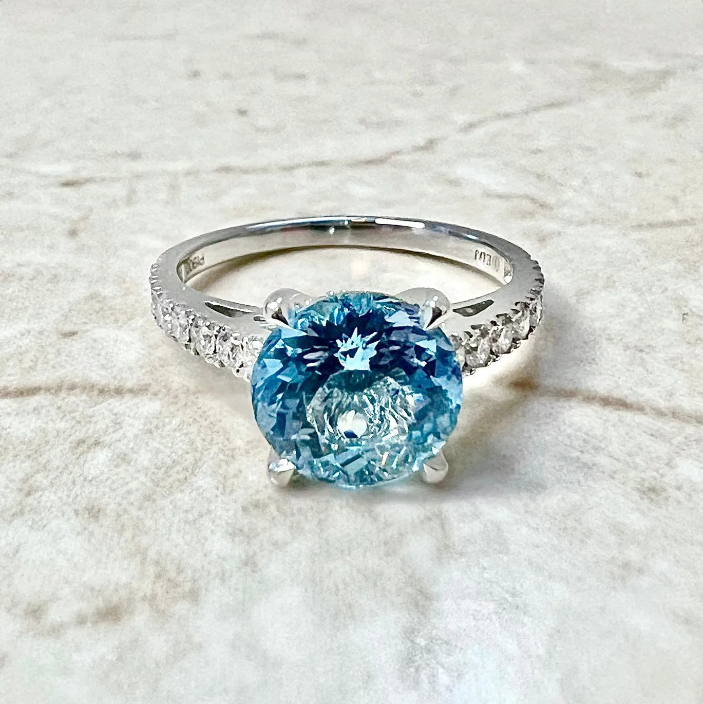 Fine Custom-Made Platinum Round Santa Maria Aquamarine & Diamond Engagement Ring