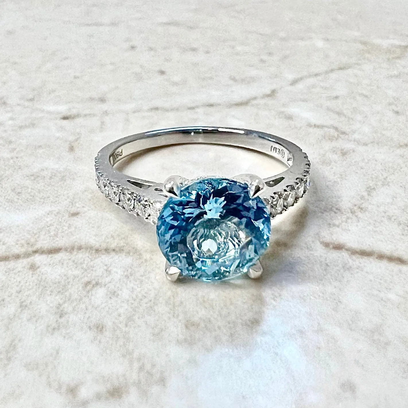 Fine Custom-Made Platinum Round Santa Maria Aquamarine & Diamond Engagement Ring