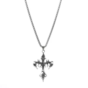 Flame Cross Pendant Chain Necklace Long Cross Jewelry Chain