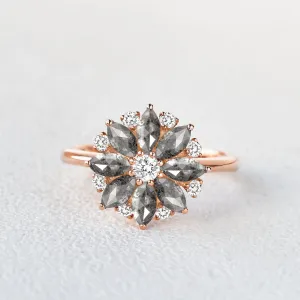 Floral Inspired - Salt and Pepper Diamond Gold Ring