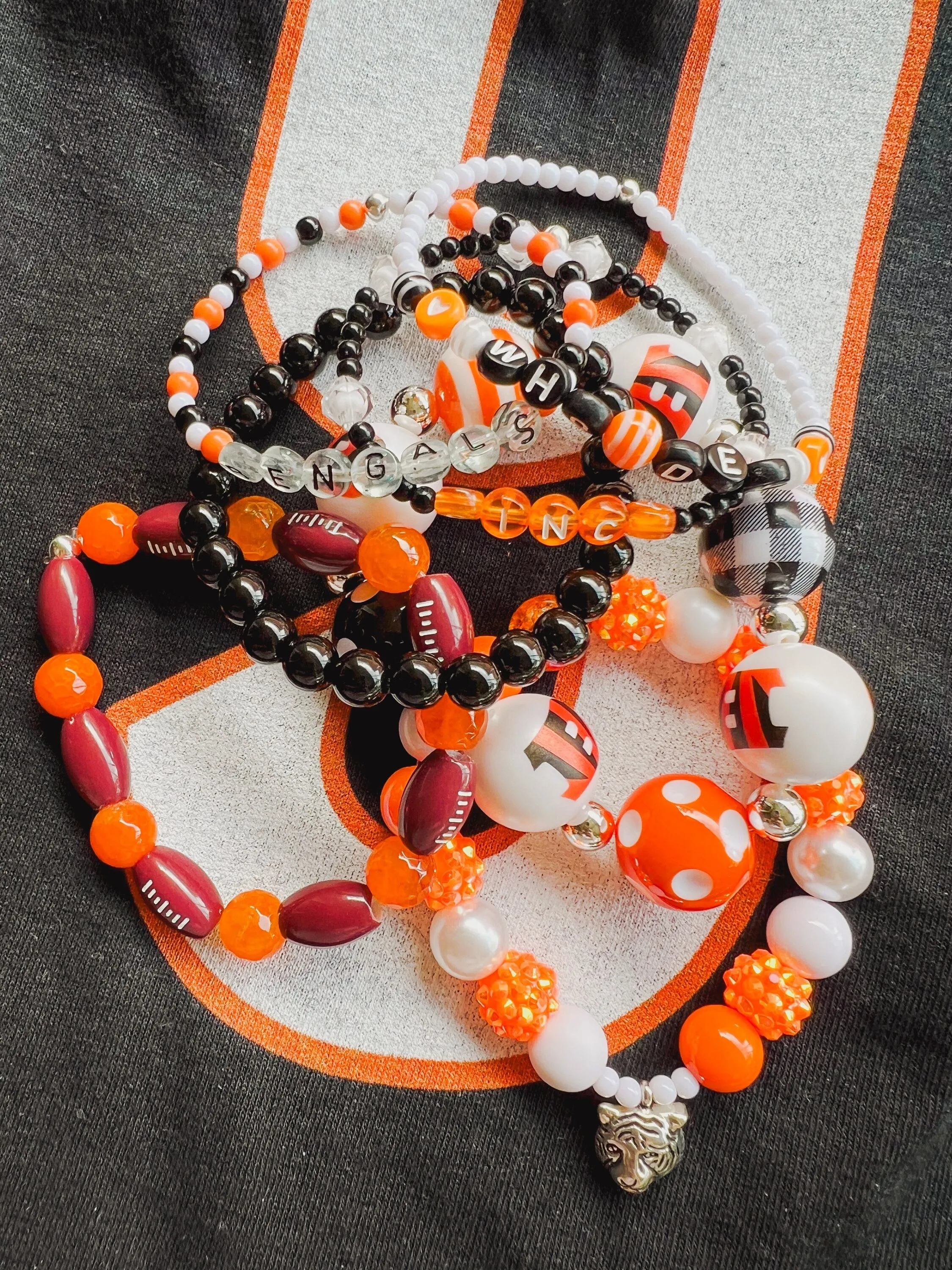 Football Lovers Bracelet Set Cincinnati Beaded WHO DEY Stacking Bracelets Couples Go Football Set - SET 6