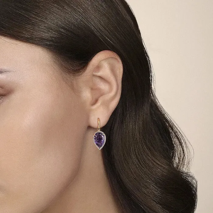 Gabriel 14K Yellow Gold Diamond and Flat Pear Shape Amethyst Earring With Flower Pattern J-Back EG14981Y45AM