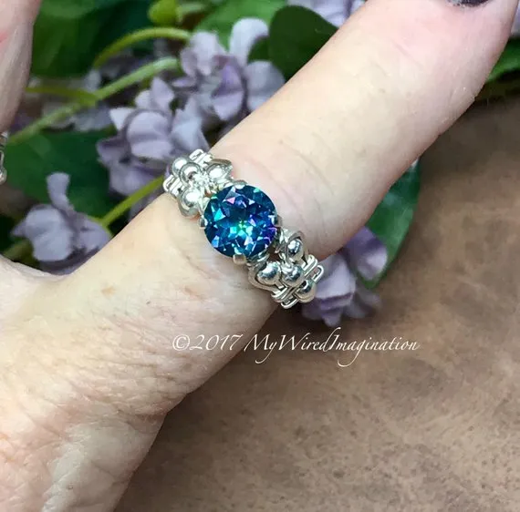 Genuine Mystic Topaz, Rainbow Blue Mystic Topaz Handmade Ring Sterling Silver US Size 7