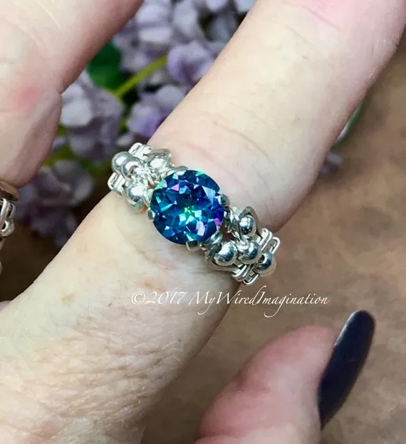 Genuine Mystic Topaz, Rainbow Blue Mystic Topaz Handmade Ring Sterling Silver US Size 7