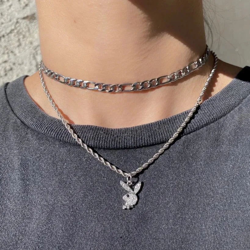 Genuine Rhinestone Rabbit Necklace Stainless Steel Chain For Women