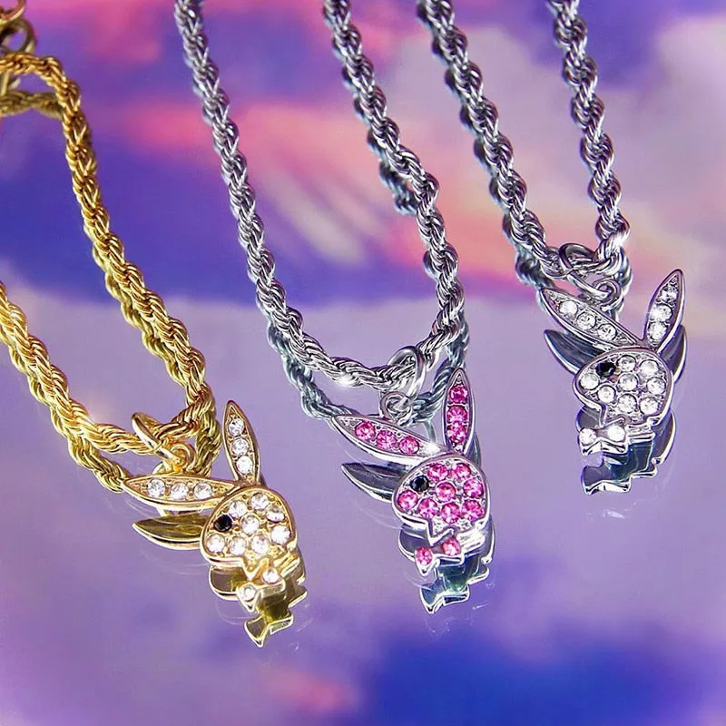 Genuine Rhinestone Rabbit Necklace Stainless Steel Chain For Women