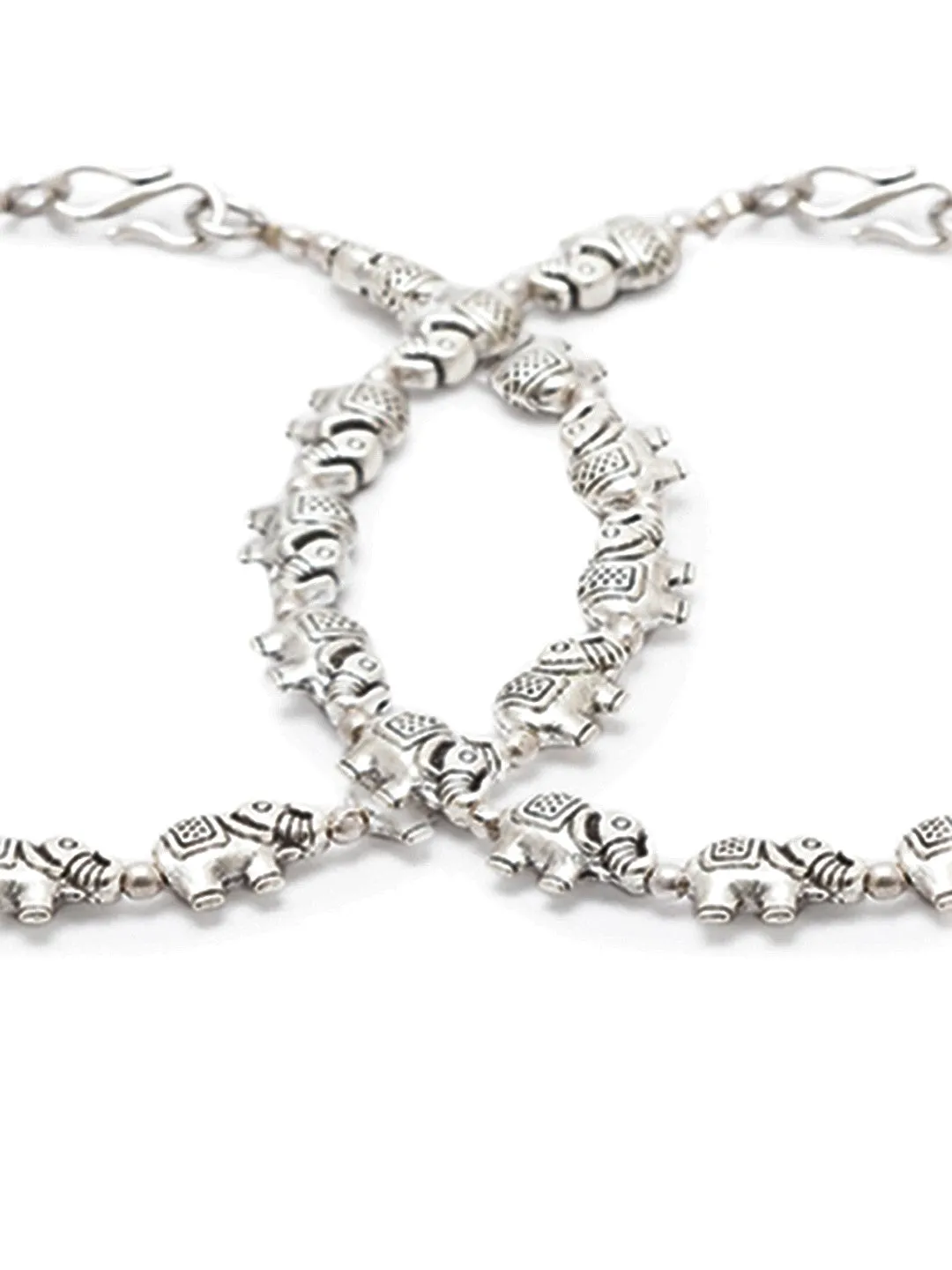 German Oxidised Silver Anklets Elephant Design Payal Silver Plating Paijan with Beads Foot Jewellery