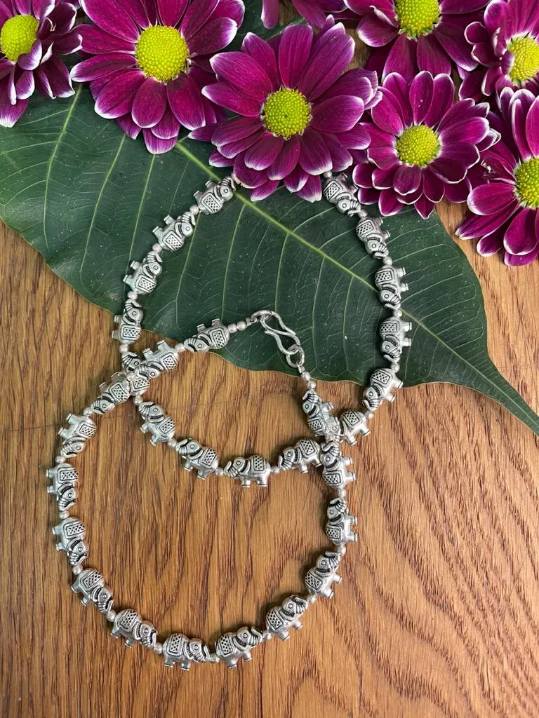 German Oxidised Silver Anklets Elephant Design Payal Silver Plating Paijan with Beads Foot Jewellery