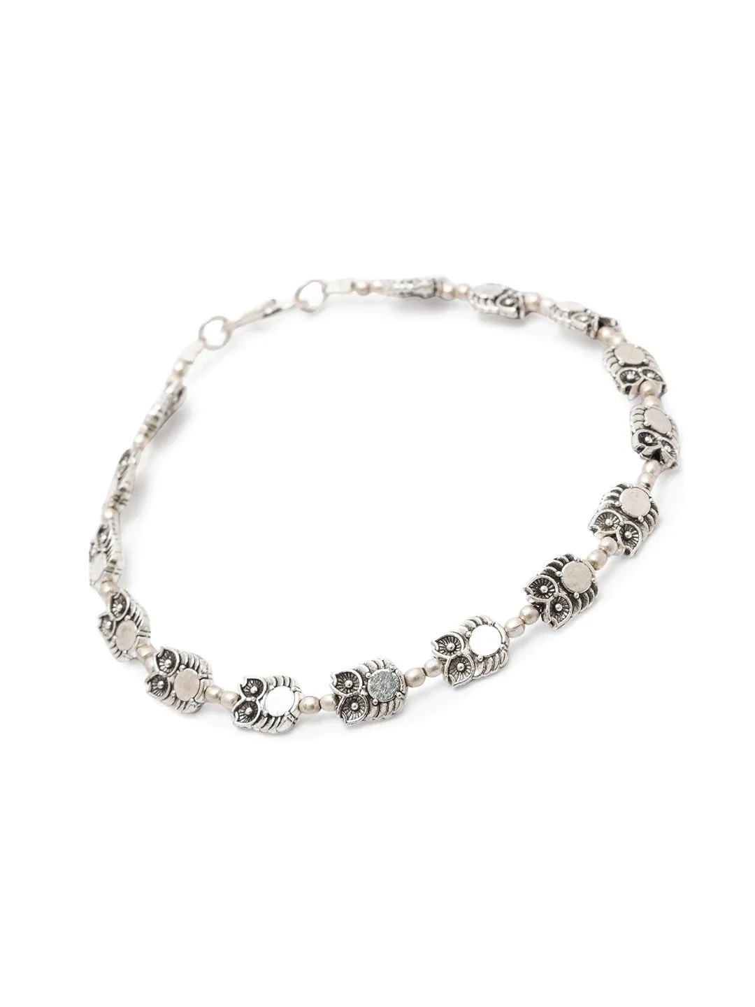 German Oxidised Silver Anklets Owl Engraved Payal with Silver Plating & Beads Design Foot Jewellery