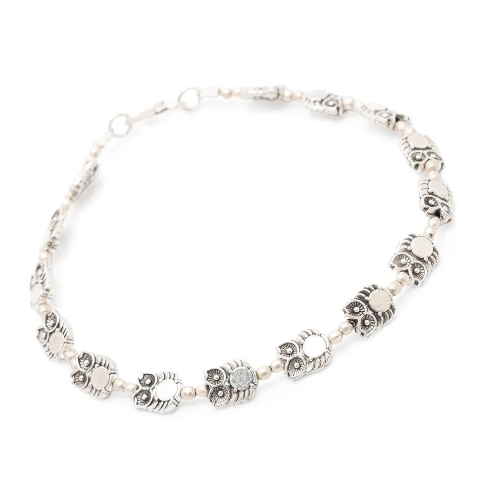 German Oxidised Silver Anklets Owl Engraved Payal with Silver Plating & Beads Design Foot Jewellery