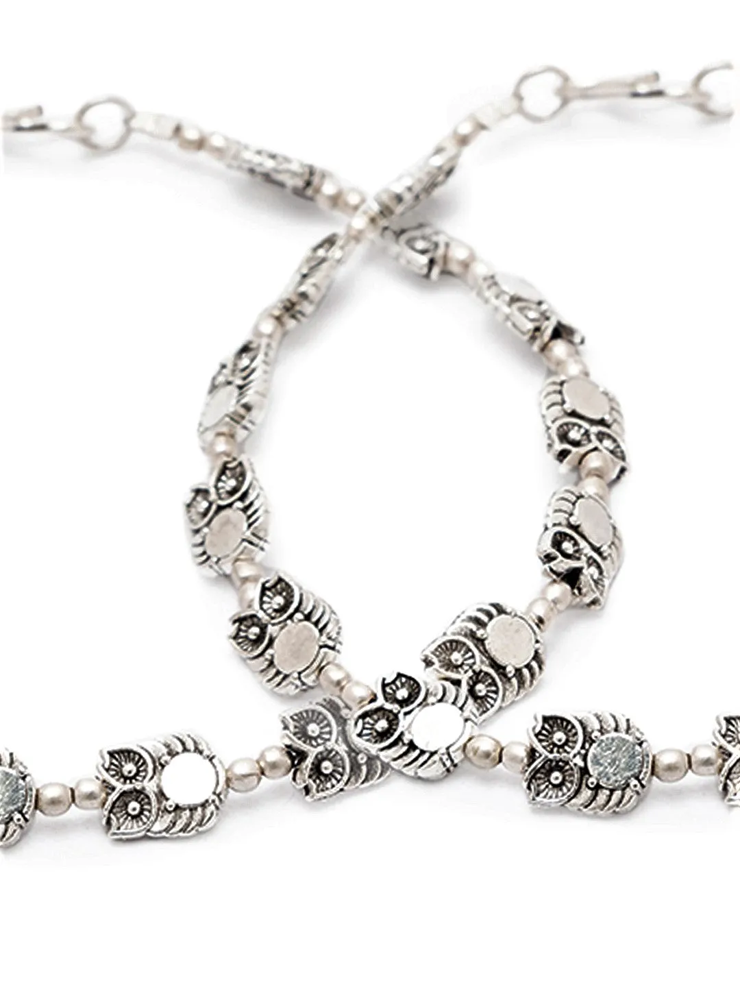 German Oxidised Silver Anklets Owl Engraved Payal with Silver Plating & Beads Design Foot Jewellery