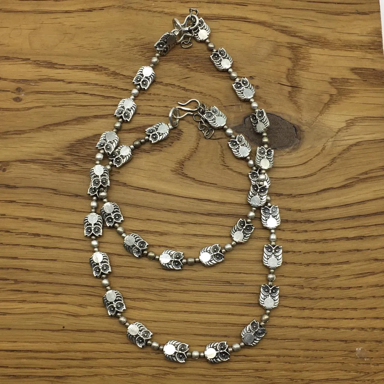German Oxidised Silver Anklets Owl Engraved Payal with Silver Plating & Beads Design Foot Jewellery