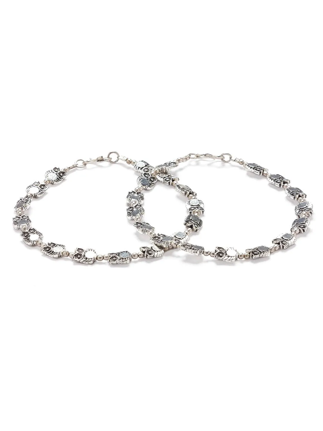German Oxidised Silver Anklets Owl Engraved Payal with Silver Plating & Beads Design Foot Jewellery