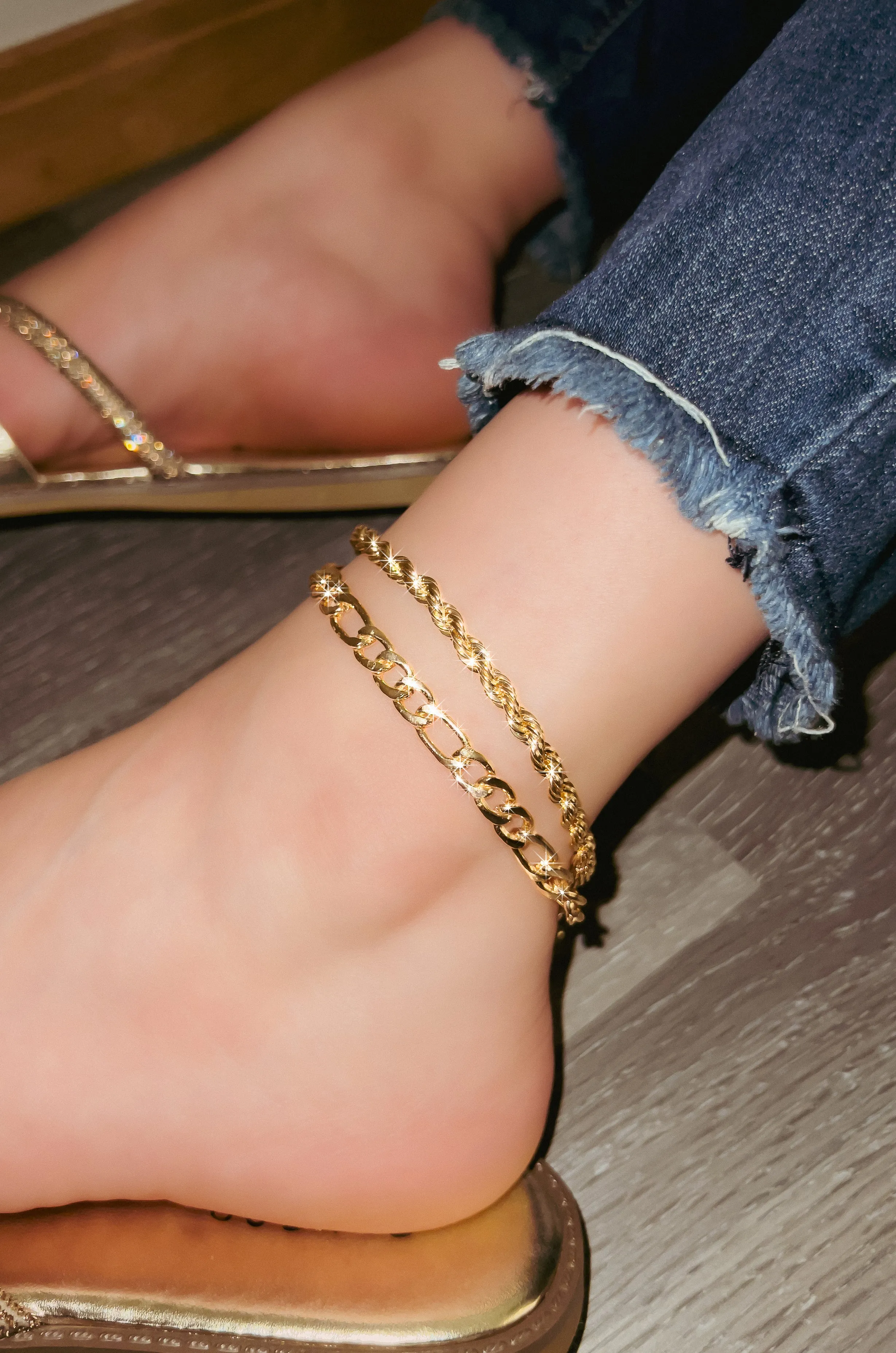 Gleaming Galore - 2pcs Zinc Alloy Anklet Set, Silver/Gold Options, Trendy & Adjustable for Layered Looks