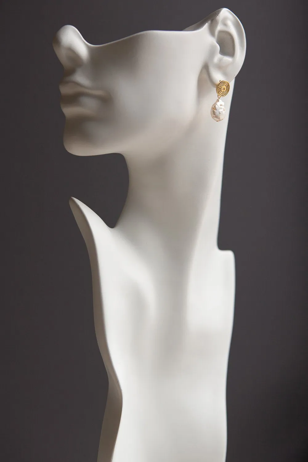 Gold Braid Disc Baroque Pearl Drop Earrings